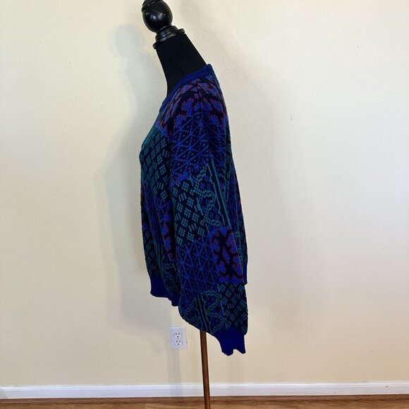 Vintage 1990s Womens Pullover Sweater Geometric Pattern Knit Purple Green XL - Picture 6 of 8